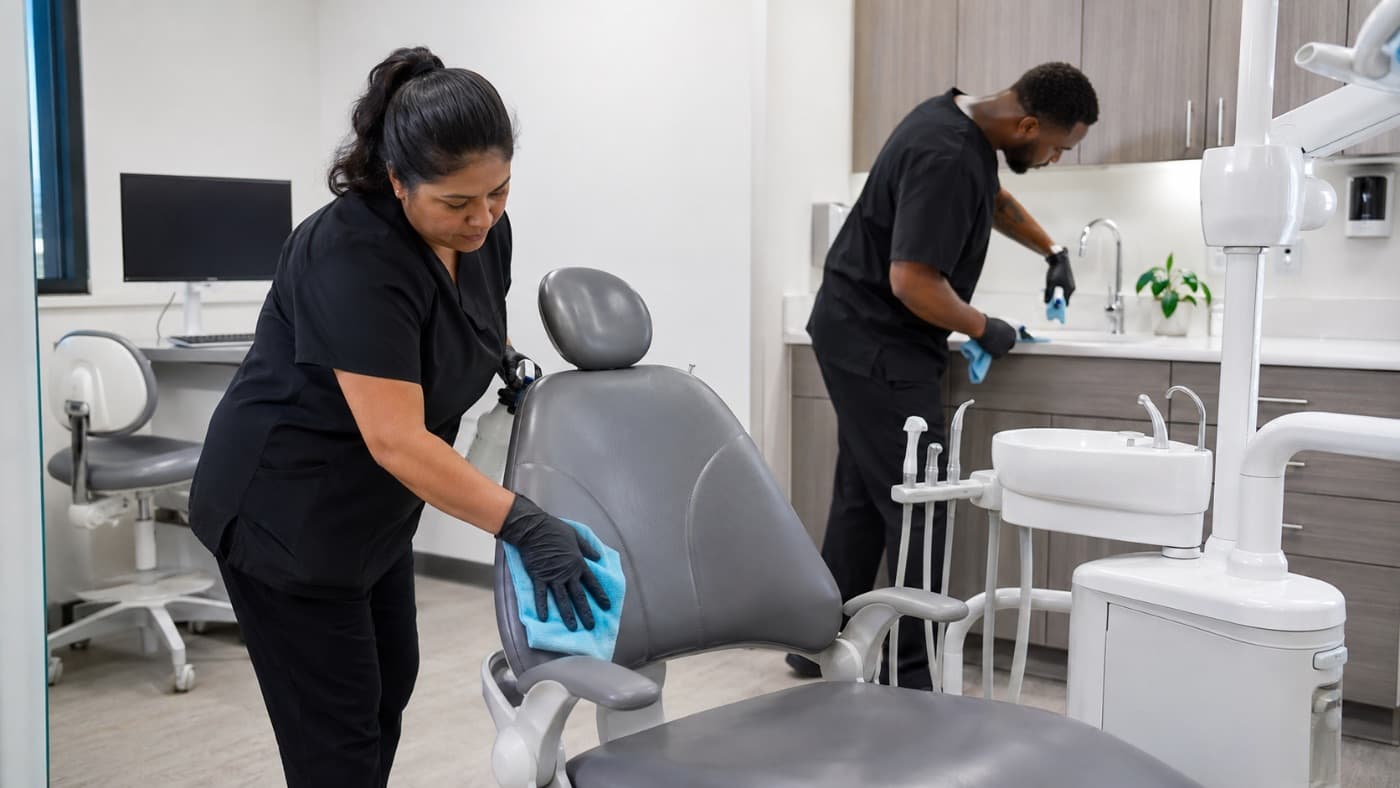 Crew sanitizing a dental exam room between patient hours