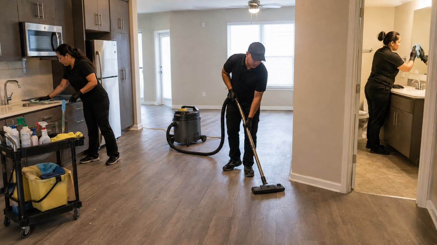 Crew running a final clean in a newly built apartment unit